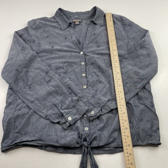 J. Jill Women Shirt Size Medium Blue Cotton Tie Front Floral Embroidered Casual - Picture 7 of 9